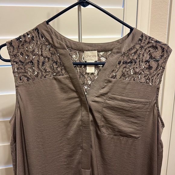 Chicos NWT size 1 lace shoulder dress in taupe. Polyester & Rayon. Brand new. - Picture 2 of 9